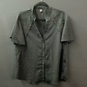 Black Embroidered Button-Front Short Sleeved Blouse